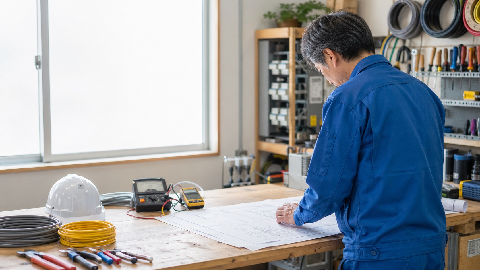 電気工事の作業計画を確認する現場